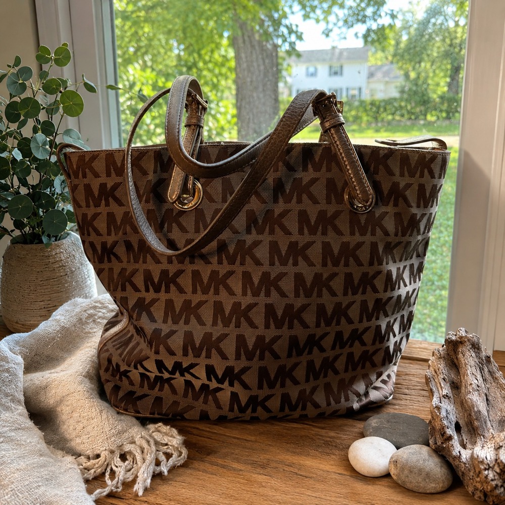 Michael Kors MK Signature Brown Jacquard Tote Shoulder Bag Leather Trim